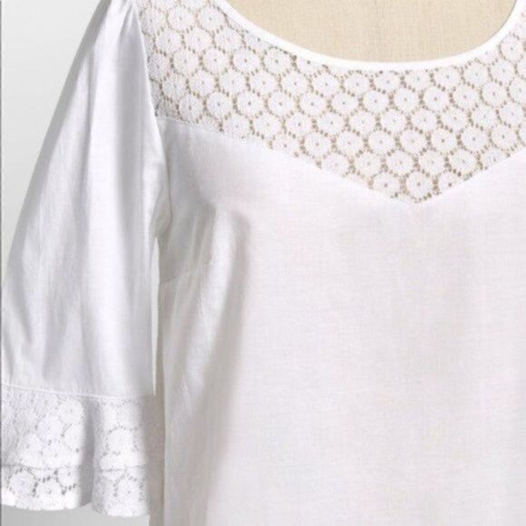 Modcloth White Cotton Short Sleeve Blouse Puff Sleeves Daisy Print Lace M - Picture 3 of 13